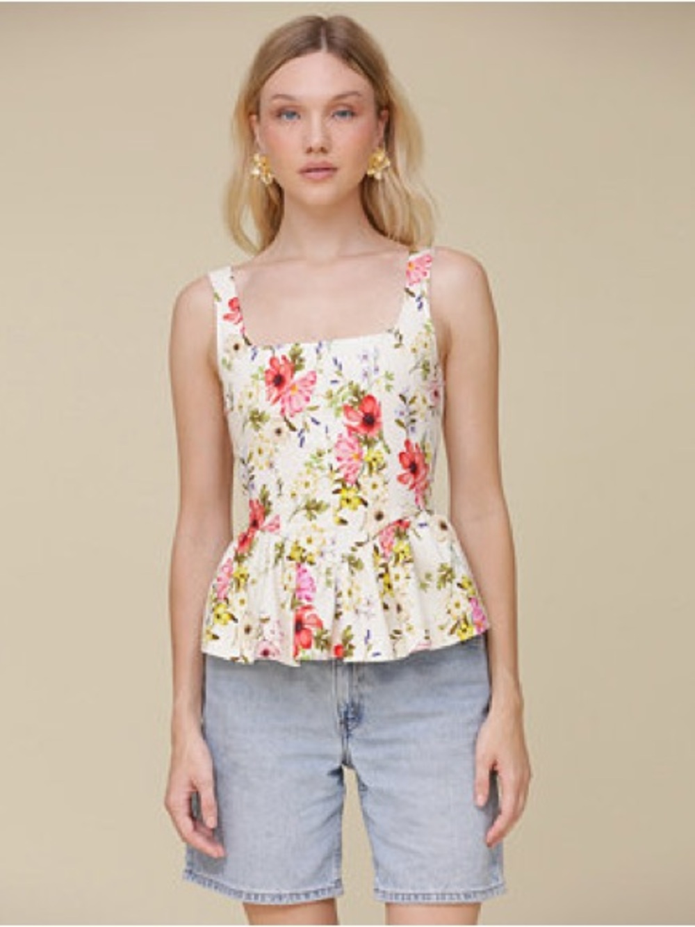 NWT Avec Les Filles Floral Square-Neck Top